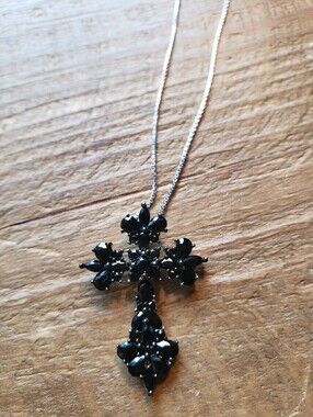 Black Spinel Stone Cross Pendant W/sterling Silver Chain